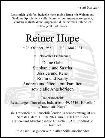 Traueranzeige von Reiner Hupe von Westfalen Blatt