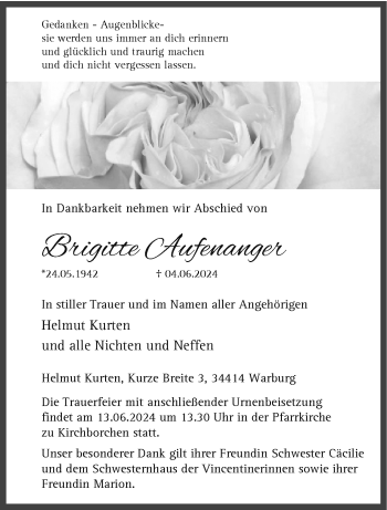 Traueranzeige von Brigitte Aufenanger von Westfalen Blatt