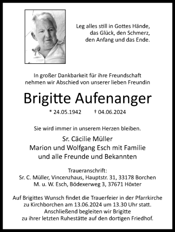 Traueranzeige von Brigitte Aufenanger von Westfalen Blatt