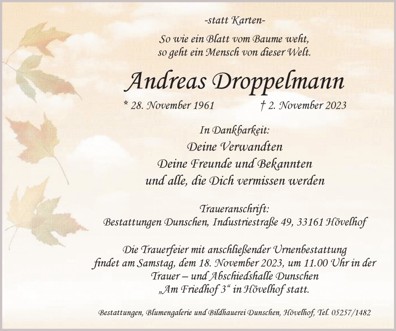  Traueranzeige für Andreas Droppelmann vom 08.11.2023 aus Westfalen Blatt