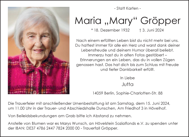  Traueranzeige für Maria Gröpper vom 05.06.2024 aus Westfalen Blatt