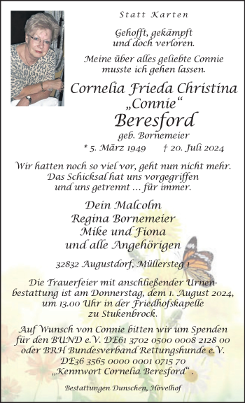 Traueranzeige von Cornelia Frieda Christina Beresford von Westfalen Blatt