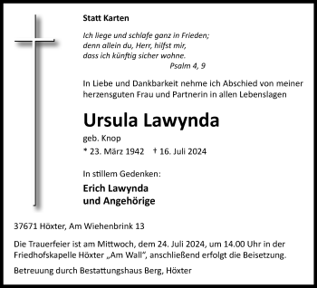 Traueranzeige von Ursula Lawynda von Westfalen Blatt