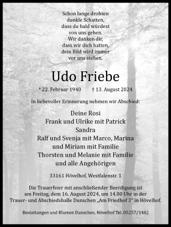 Traueranzeige von Udo Friebe von Westfalen Blatt