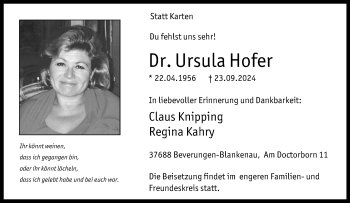 Traueranzeige von Dr. Ursula Hofer von Westfalen Blatt