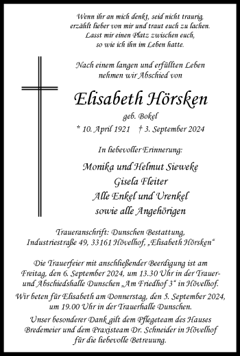 Traueranzeige von Elisabeth Hörsken von Westfalen Blatt