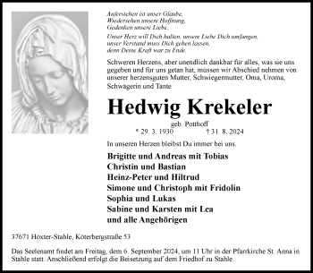 Traueranzeige von Hedwig Krekeler von Westfalen Blatt