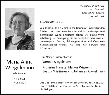 Traueranzeige von Maria Anna Wiegelmann von Westfalen Blatt