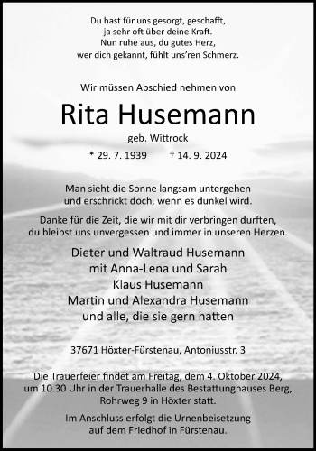 Traueranzeige von Rita Husemann von Westfalen Blatt